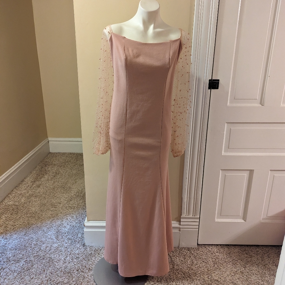 Vintage mauve pink long dress with sheer pearled sleeve size XXL